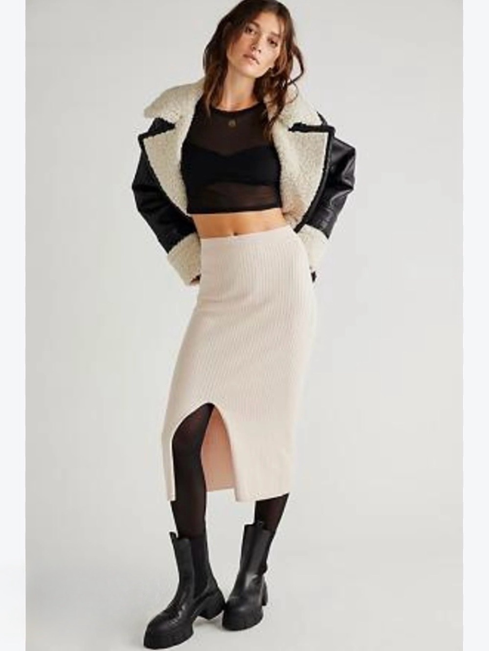 Free People Cream Ribbed Side Slit Skyline Stretchy Knit Midi Skirt Size Small